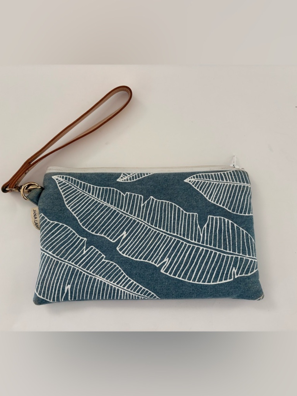 Jana Lam Hawaii Blue Leaf Print Wristlet Clutch leather strap made in USA